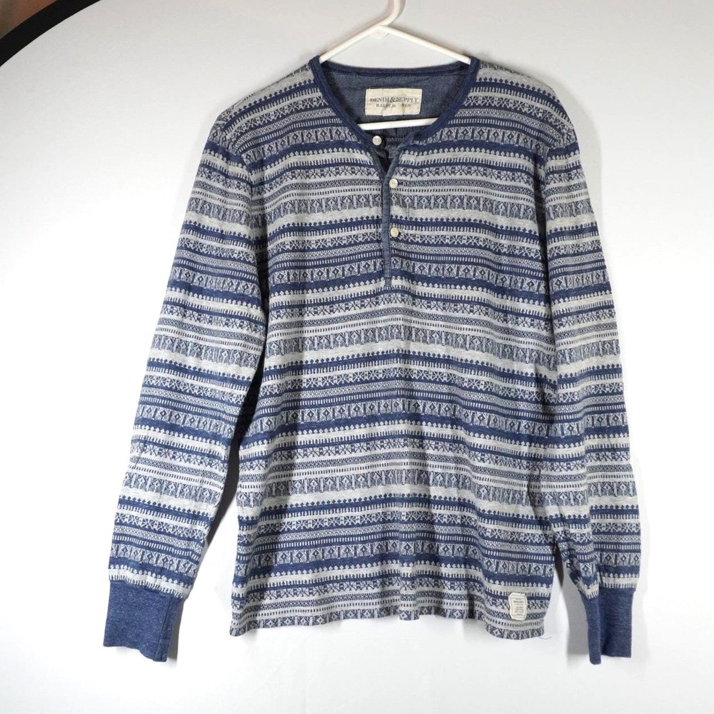 Denim & Supply Ralph Lauren Henley‎ Womens Medium Blue Fair Isle Americana Top